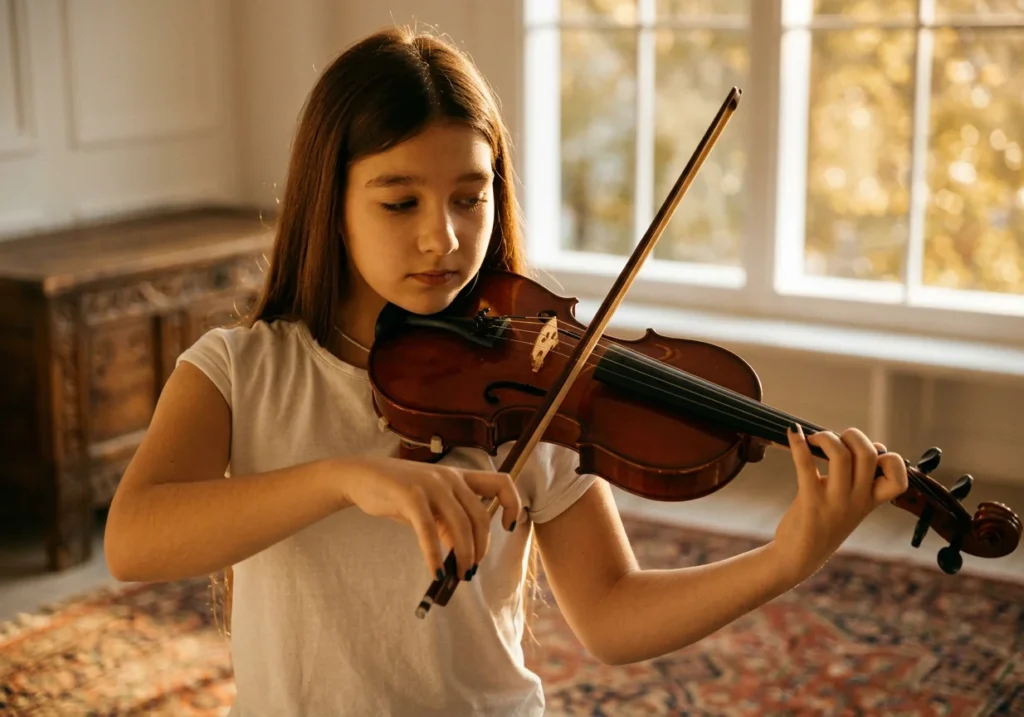 A child practising violin